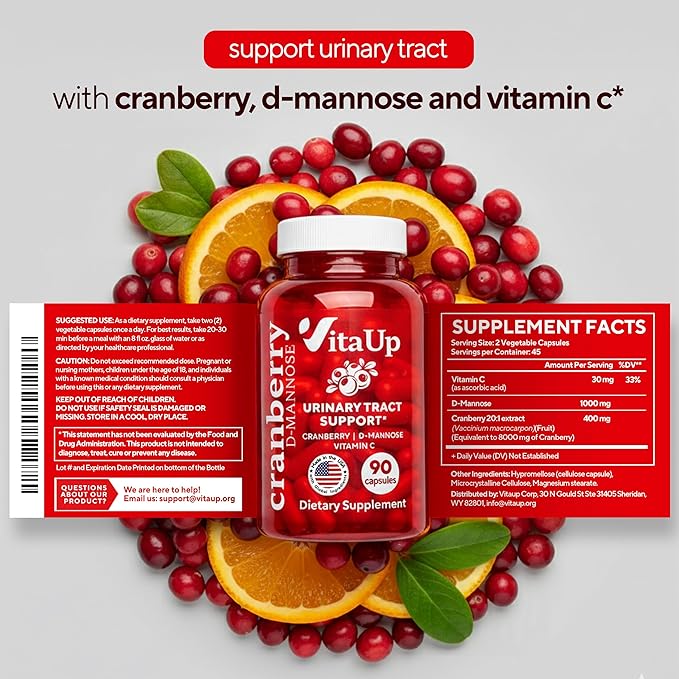 D mannose with Cranberry and Vitamin C - USA Made D-mannose 1000mg Capsules - Cranberry Pills for Urinary Tract &amp Bladder Immune Support - 90 Count