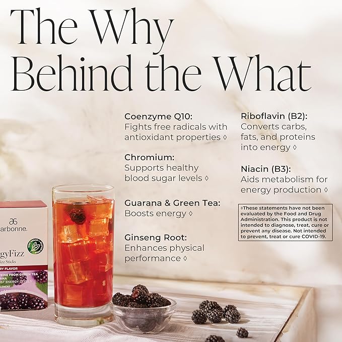 Arbonne Ginseng Energy Supplements - Blackberry Flavor Fizz Sticks Energy Boost with Caffeine Powder from Guarana and Green Tea Delicious Alternative to Caffeine Pills