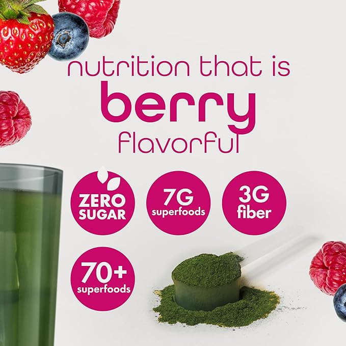 Zena Nutrition Organic Super Greens Powder 70+ Superfoods 0 Sugar 3G Fiber Spirulina Chlorella Antioxidants Prebiotics/Probiotics Digestive Enzymes Mixed Berry 30 Servings