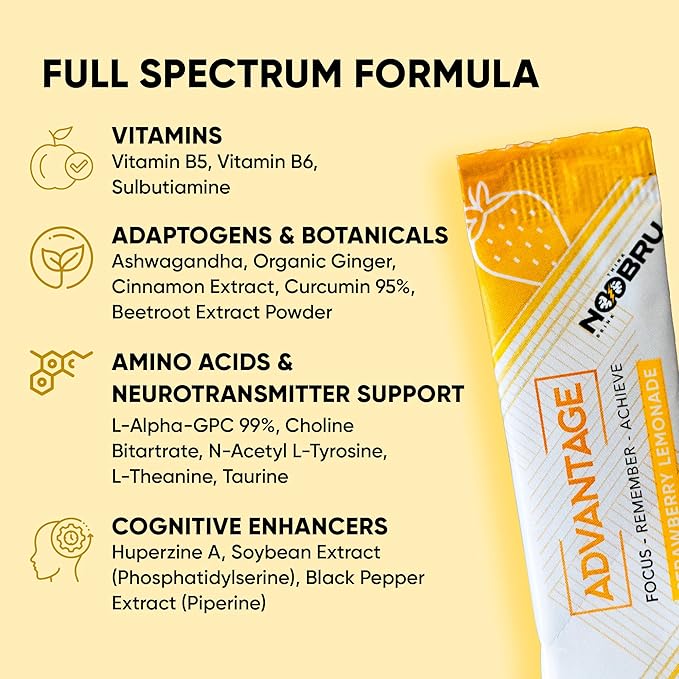 Noobru Аdvantage Nootropic - Delicious Nootropics Brain Supplement with 11 Active Ingredients - Natural Cognitive Enhancer - 20 Strawberry Lemonade Sachets - 1 Month Supply 20 Count (Pack of 1)