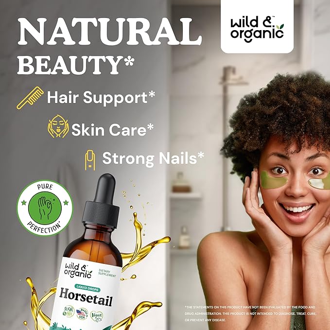 Wild &amp Organic Horsetail Extract Drops - Hair Skin Nails Support - Liquid Horsetail Supplement - Herb Powder Based Tincture - Vegan Sugar &amp Alcohol-Free - 2 fl oz