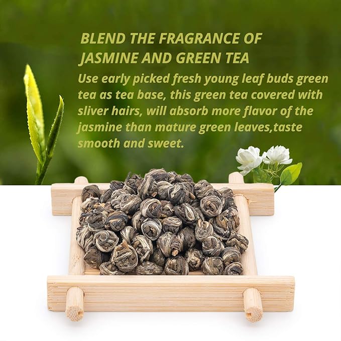 Oriarm Jasmine Pearls Tea Loose Leaf - Chinese Dragon Pearls Jasmine Green Tea Leaves - 1st Grade - Brew Hot or Iced Tea - 250g Ziplock Resealable Bag