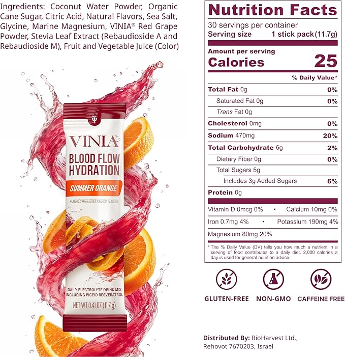 VINIA Resveratrol Electrolyte Hydration Powder Mix | Boost Blood Flow &amp Circulation | Sea Salt Coconut Water Potassium Magnesium Informed Sport Certified (30 Sticks Summer Orange)
