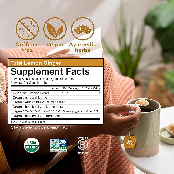 Organic India Tulsi Lemon Ginger Herbal Tea - Stress Relieving &amp Reviving Immune Support Aids Digestion Vegan USDA Certified Organic Non-GMO Caffeine-Free - 18 Infusion Bags 3 Pack