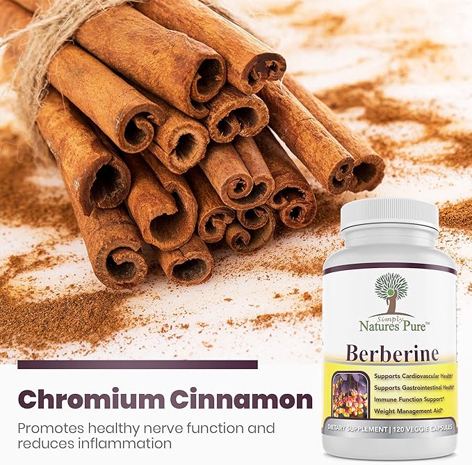 Simply Natures Pure Premium Berberine HCl 500mg - 120 Capsules - Cardiovascular Gastrointestinal Immune Support - Chromium Cinnamon