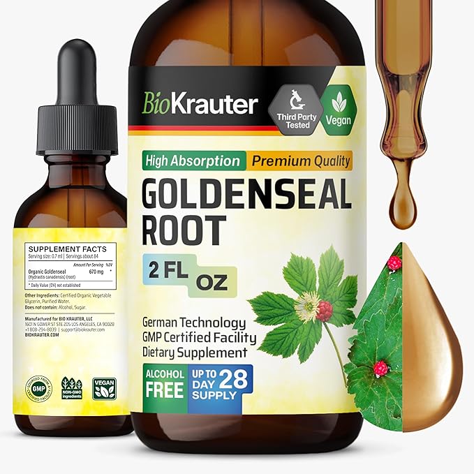 BIO KRAUTER® Goldenseal Root - Pure Vegan Goldenseal Tincture 670mg per Serving 2 Fl.Oz 28-Day Supply - Immune &amp Respiratory Support - Liquid Golden Seal for Digestive Support - Alcohol &amp Suga