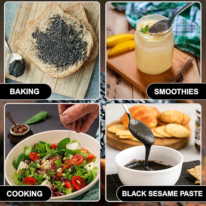 BOTAMONY Black Sesame Powder 12.3oz Vegan Gluten-Free Non-GMO Plant Protein &amp Fiber Rich Minerals Nutty Flavor Finely Ground Roasted Seeds for Smoothies Baking Recipes