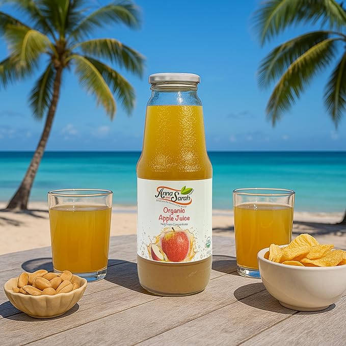 Anna and Sarah 33.8 Oz Organic Apple Juice - USDA Organic Certified - Glass Bottle (4 Pack) No Sugar No Artificial Colors No Preservatives No Flavors AddedNOT from Concentrate