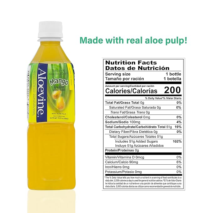 Aloevine Aloe Vera Drink Mango – Drink Aloe Juice with Real Aloe Chunks | Healthy Plant-Based Korean Beverage | Aloe Vera Juice | 16.9 oz Bottles (20 Pack)