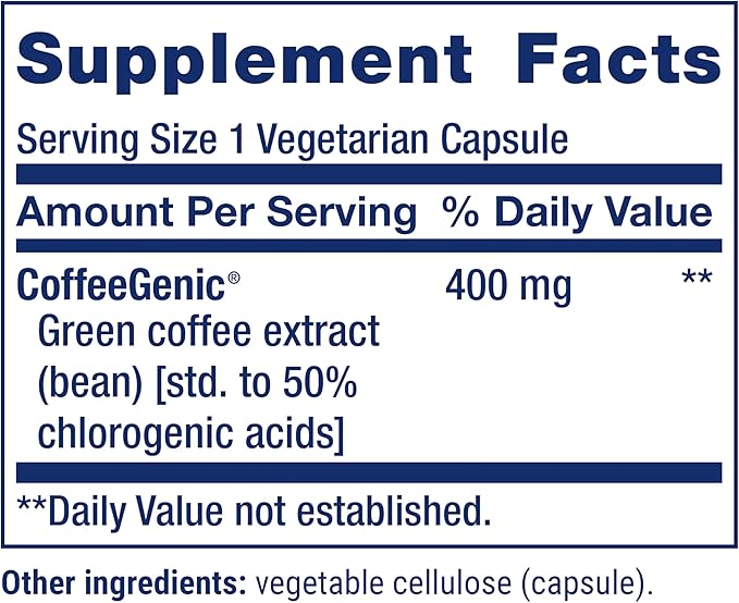 Life Extension CoffeeGenic® Green Coffee Extract 400 mg standardized for 50% chlorogenic Acid After-Meal Metabolism Support Gluten Free Non-GMO Vegetarian 90 Capsules