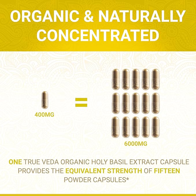 True Veda Holy Basil Leaf Capsules | USDA Organic | Tulsi Holy Basil Supplement | Organic Vitamin B6 | High Strength 2.5% Ursolic Acid Extract | 60 Vegan Pills