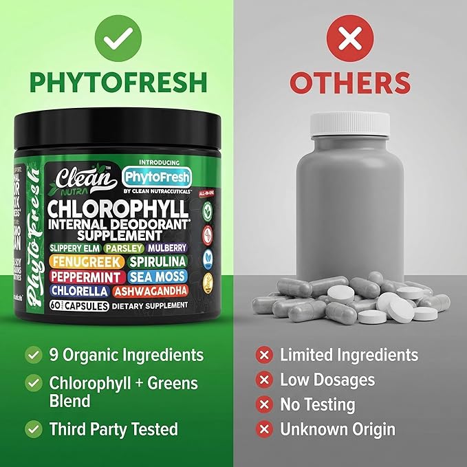 Clean Nutra Chlorophyll Capsules Supplement Internal Deodorant Peppermint Sea Moss Parsley Chlorella Spirulina Slippery Elm Ashwagandha PhytoFresh Greens Detox Pills