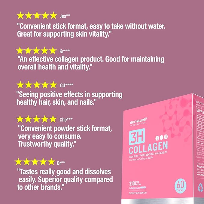 NANOWELL 3H Collagen Peptide 60 Sticks X 2 Boxes for 2 Months - I II &amp III with Vitamin A C E Hydrolyzed Elastin Peptide and Hyaluronic Acid - Hair Nail Skin and Joint Support (120 Count)