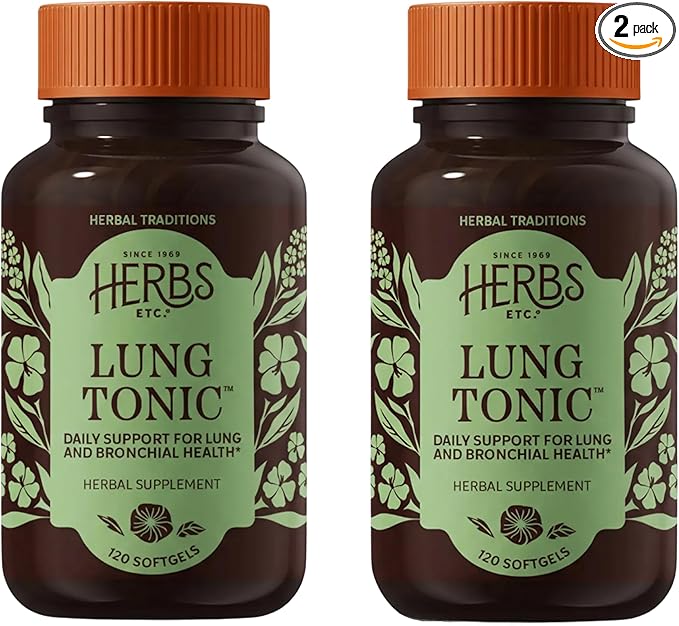 Herbs Etc. Lung Tonic - Lung Supplement for Bronchial Support - Healthy Breathing Support with Mullein Horehound &amp Grindelia - 120 Softgels - 2 Pack