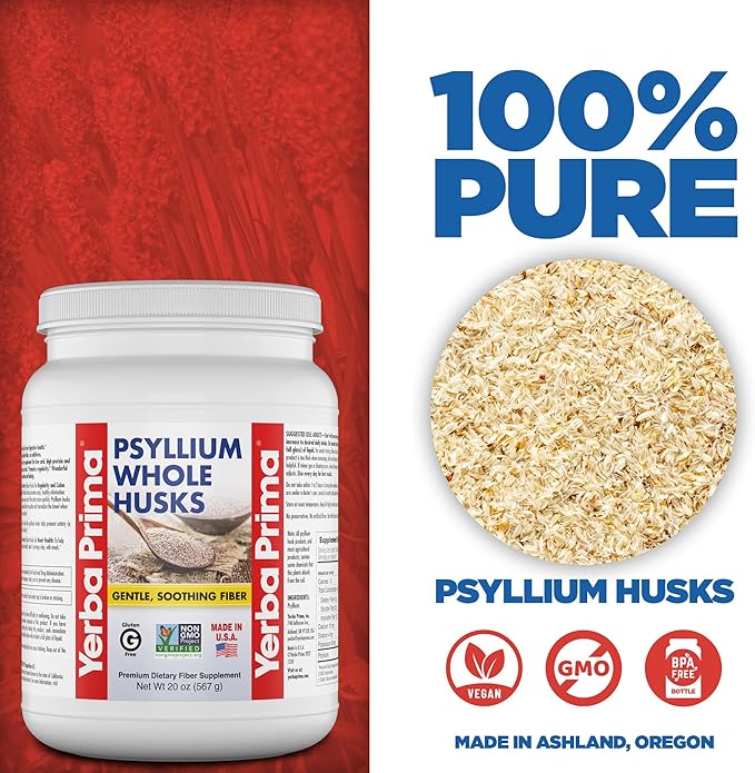 Yerba Prima Whole Psyllium Husk Fiber Supplement 20 oz (Pack of 2) - Vegan Gluten Free Non-GMO