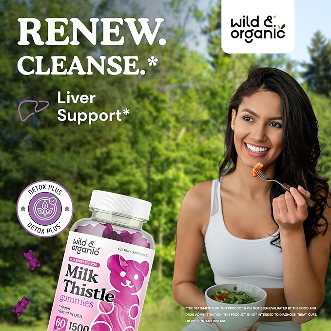 Wild &amp Organic Milk Thistle Gummies 1500mg - Herbal Supplement for Liver Cleanse Detox - Silymarin Milk Thistle Liver Detox Gummies - 60 Vegan Non-GMO Chews