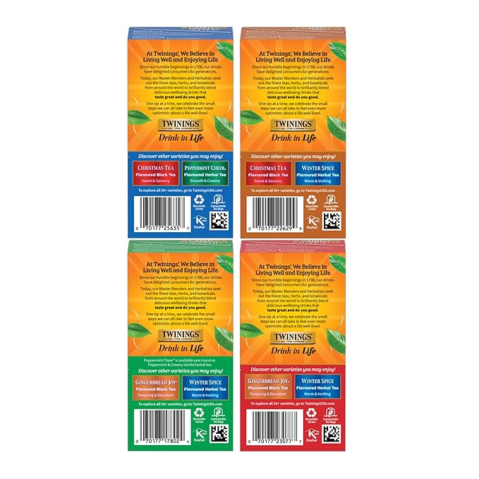 Twinings Holiday Variety Pack Tea Bags Christmas Tea Winter Spice Gingerbread Joy Peppermint Cheer 20 Count (Pack of 4) Enjoy Hot or Iced 80 Teabags