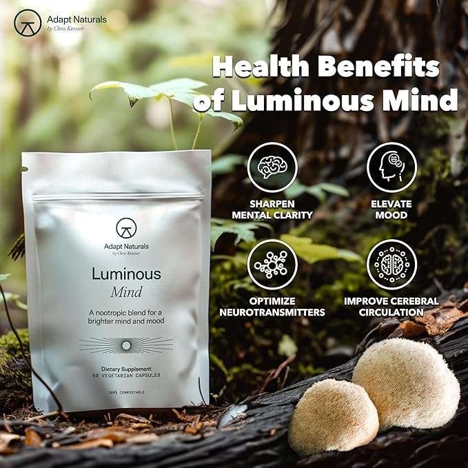 Adapt Naturals Luminous Mind Nootropic Brain Supplement with Ginkgo Biloba Bacopa and Lions Mane | Memory Focus Mental Clarity and Elevated Mood Support | No Caffeine Crash Free - 60 Days Supply