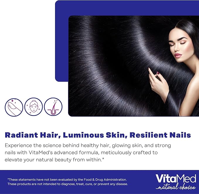 VitaMed Hair Skin &amp Nails – Biotin 5000 mcg Collagen OptiMSM Keratin Hyaluronic Acid &amp Silica | Supports Hair Growth Radiant Skin Strong Nails | Halal Non-GMO Gluten-Free – 60 Beauty