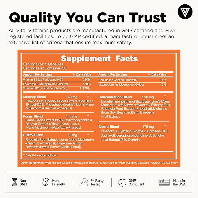 Vital Vitamins Nootropic Brain Supplement Plus - for Memory Focus Concentration Neuro Energy Clarity - with Lion's Mane Mushrooms - 60 Capsules