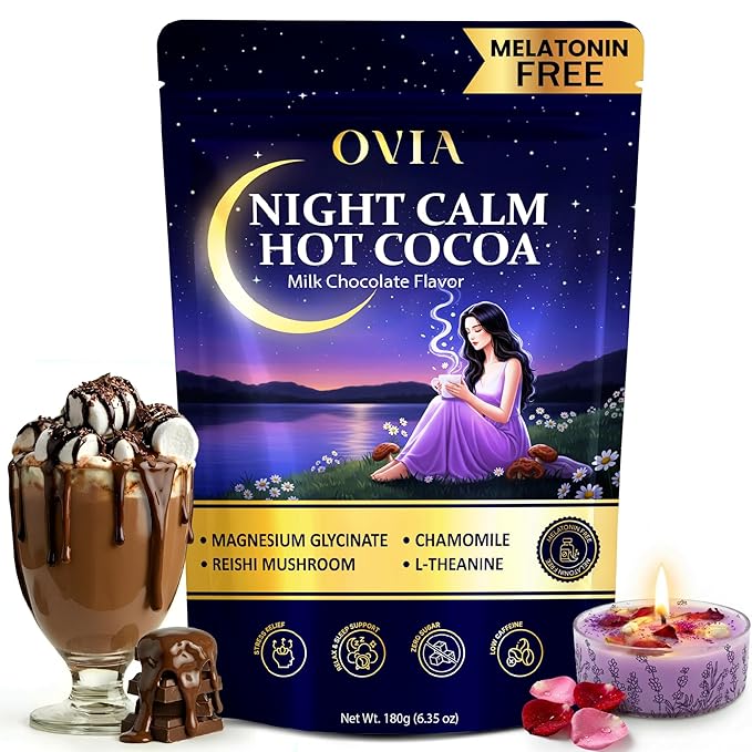 OVIA Night Calm – Melatonin-Free Magnesium Mushroom Hot Cocoa for Sleep – Nighttime Hot Chocolate with L-Tryptophan L-Theanine &amp Reishi – Relaxation Stress &amp Cortisol Support | 30 Servings