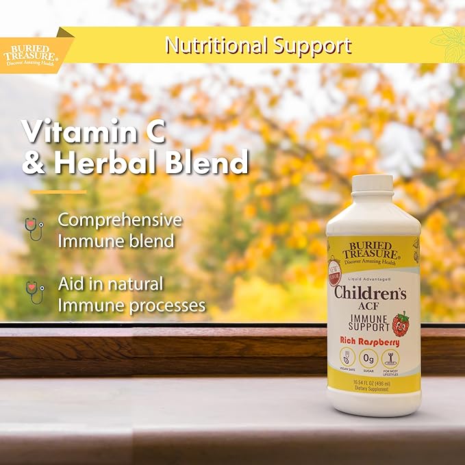 Buried Treasure Children’s ACF Dose Liquid Immune Support for Kids – Elderberry Echinacea &amp Botanicals – Raspberry Flavor 16 oz with Dose Cup