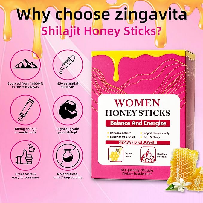 Bloomin Honey Sticks Shilajit for Women Strawberry Honeysticks Natural Energy &amp Vitality Booster with Shatavari &amp Saffron for Hormonal Balance Focus &amp Stamina | 30 Sticks (1)