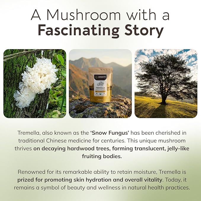 Organic Tremella Mushroom Powder Supplement 10:1 Extract 100g | Snow Fungus Fuciformis 100% Fruiting Body | ≥30% Beta-D-Glucans | 60 Servings of 1660mg | Skin Hydration Complexion &amp Beauty Suppo