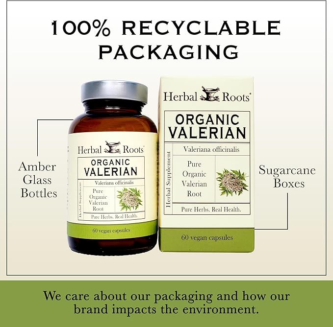 Herbal Roots Pure Organic Valerian Root Capsules - 900 mg - Non-Habit Forming with no Melatonin Non-GMO - 60 Count Vegan Capsules Herbal Supplement