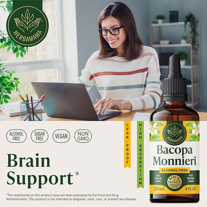 HERBAMAMA Bacopa Monnieri Supplement - Vegan Brain Focus and Clarity Support with Bacopa Extract Tincture - Non-GMO Alcohol &amp Sugar-Free Brahmi Herb Drops 168-Day Supply