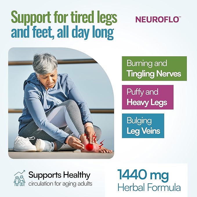 Mizzle Leg Circulation Supplement - Supports Nerves Veins with 1470mg 8 in 1 Capsule of Chestnut Diosmin Hawthorn for Maximum Relief in Toes Feet Ankles Calves Legs - Neuroflo