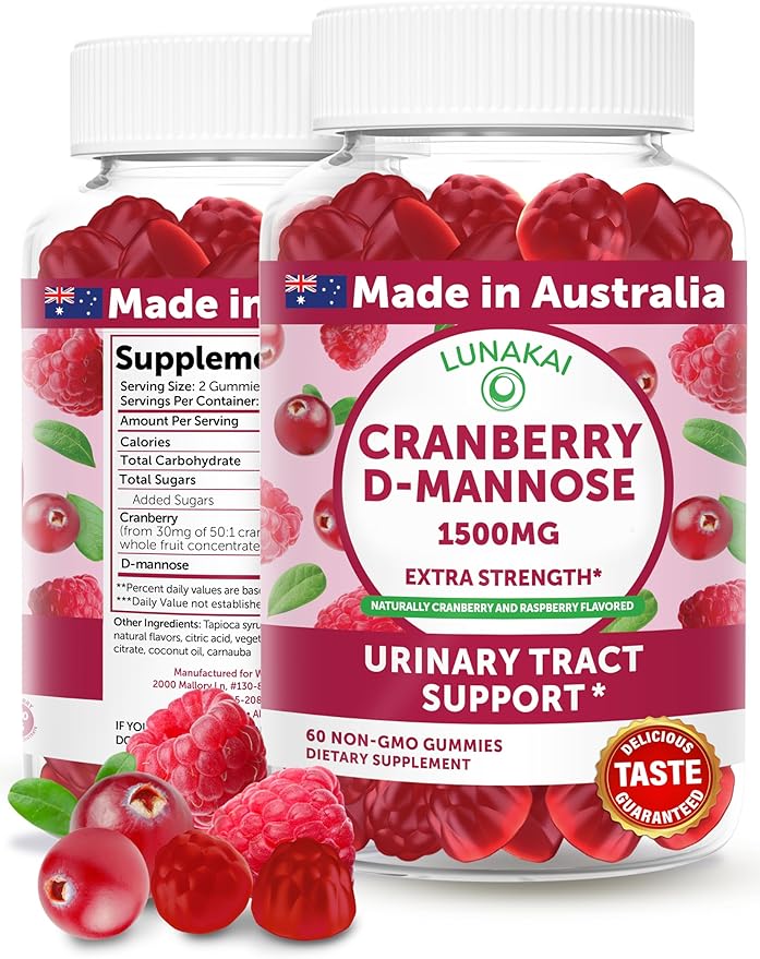 Lunakai Cranberry Gummies for Women 1500mg (50:1 Extract) with D-Mannose 200mg - Daily Cranberry Supplement for Urinary Tract Health &amp Bladder Support Non-GMO – Made in Australia – 60ct