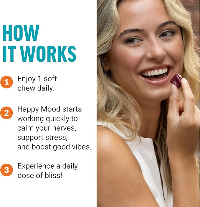 FORCE FACTOR Happy Mood Mood Support and Mood Balance Supplement to Support Happiness Positivity and Stress Made with Magnesium Saffron Zembrin Non-GMO Tropical Fruit Flavor 30 Soft Chews