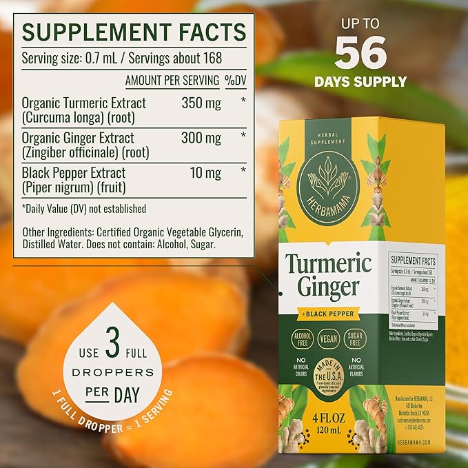 HERBAMAMA Turmeric and Ginger Supplement - Vegan Immune Complex with Liquid Turmeric with Ginger and Black Pepper Extract - Non-GMO Alcohol &amp Sugar-Free Immunity Drops - 56-Day Supply