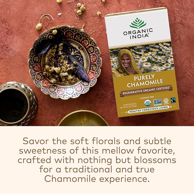 Organic India Purely Chamomile Tea - Regenerative Organic Pure Chamomile Flowers Caffeine Free Calming &amp Relaxing Herbal Tea Natural Support for Sleep &amp Relaxation - 18 Tea Bags Pack of 6