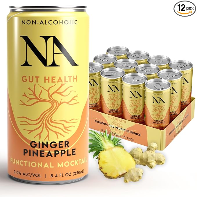 NA Non-Alcoholic Functional Adaptogen Drinks with Pre &amp Probiotic Blend | Ashwagandha Mushrooms Magnesium &amp L-Theanine | Low Sugar Low Calorie Social Tonic Ginger Pineapple 8.4oz Cans (12