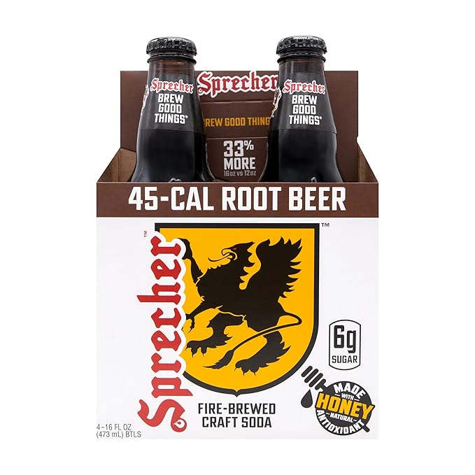 Sprecher Low Cal Root Beer in 16 fl oz Glass Bottles (12 Pack) Fire Brewed Low Calorie Craft Root Beer with Real Honey Naturally Flavored Gourmet Soft Drink