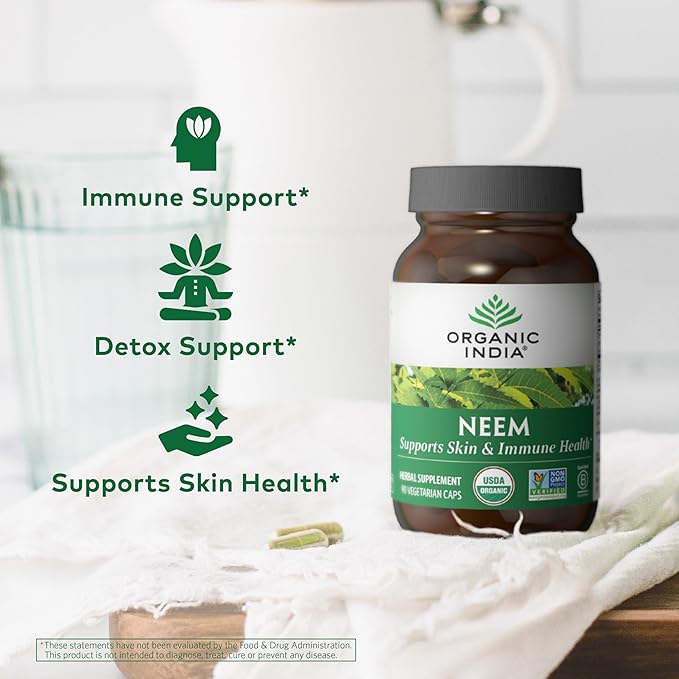 ORGANIC INDIA Neem Leaf Capsules Herbal Supplement - Supports Skin Immune &amp Liver Health Detox Vegan Gluten-Free USDA Certified Organic - 180 Capsules