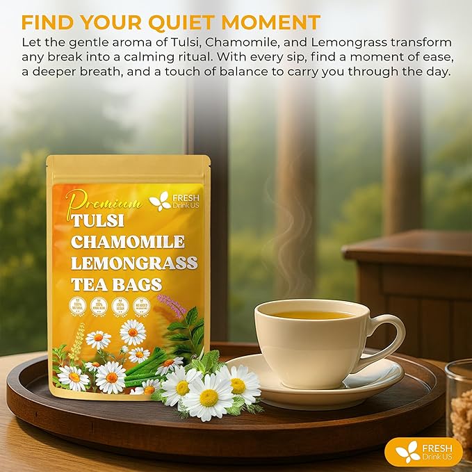 FreshDrinkUS Premium 135 Tea Bags Tulsi Chamomile Lemongrass Herbal Tea | Blend with Holy Basil Chamomile Flowers &amp Lemongrass Leaves – Naturally Caffeine-Free Soothing Herbal Infusion. Vegan