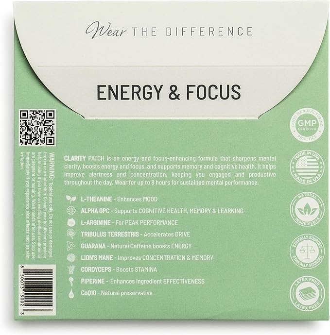 Clarity Film Patches – Topical Patches for Energy &amp Focus - Patch with Botanical Extracts – Natural Support for Memory &amp Concentration - Long-Lasting Effect – 32 Pack
