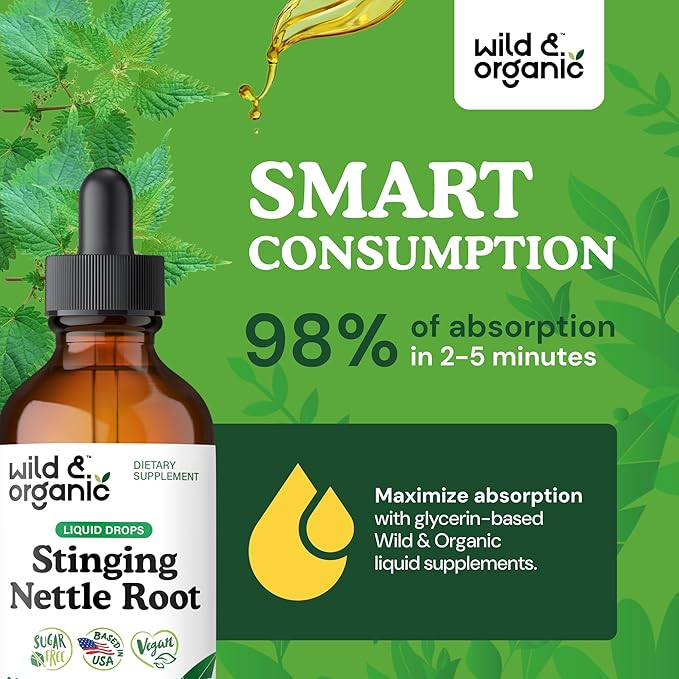 Wild &amp Organic Stinging Nettle Tincture - Stinging Nettle Root Extract Drops for Men &amp Women - Liquid Urtica Dioica Supplement - Vegan Sugar &amp Alcohol-Free - 4 fl oz