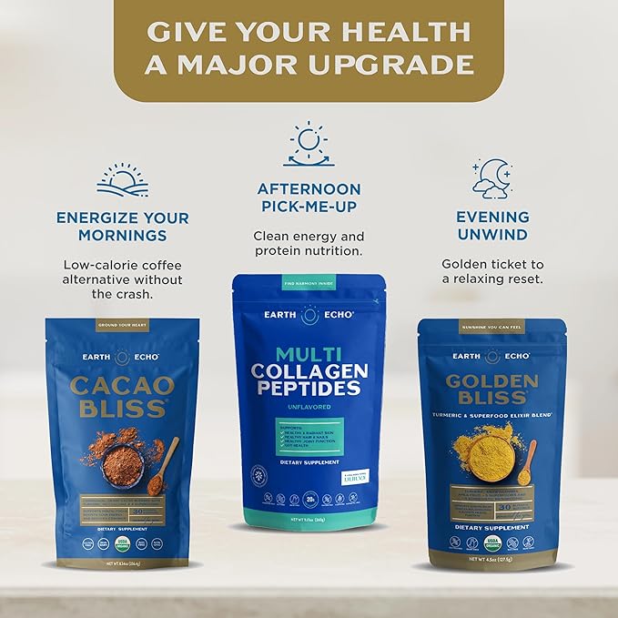 Earth Echo Multi Collagen Peptides Powder - Unflavored Hydrolyzed Collagen with Vitamin C &amp Hyaluronic Acid for Skin Joints Gut &amp Immunity - Non-GMO Dairy-Free Keto-Friendly - 26 Servings