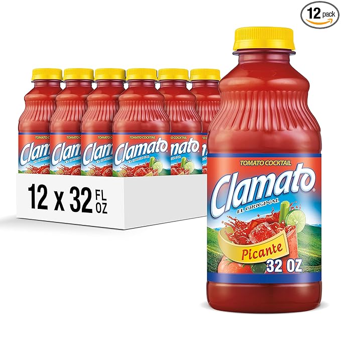 Clamato Picante Tomato Cocktail 32 fl oz bottle (Pack of 12) Authentic Spicy Flavored Tomato Juice Perfect Mixer for Micheladas and Bloody Mary Drinks and other Cocktail Spirits