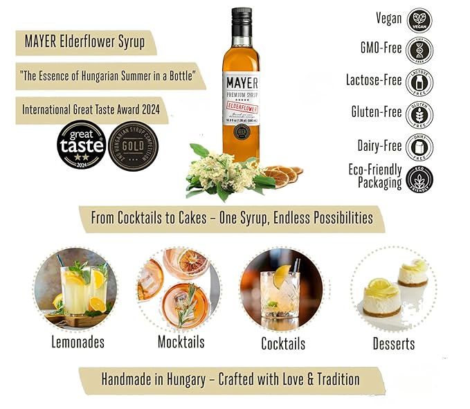 Mayer Elderflower Syrup ( Cordial ) Award - Winning Only Real Elderflowers and 3 Natural Ingredients Vegan Gluten Free Perfect for Cocktails Lemonades Coffee Desserts - No Artificial Additives