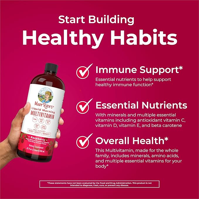 MARYRUTH'S Liquid Morning Multivitamin for Women Men &amp Kids | Vitamin A C D E B6 B12 Biotin Zinc | Beauty | Vegan | Non-GMO | Gluten Free | 32 Servings