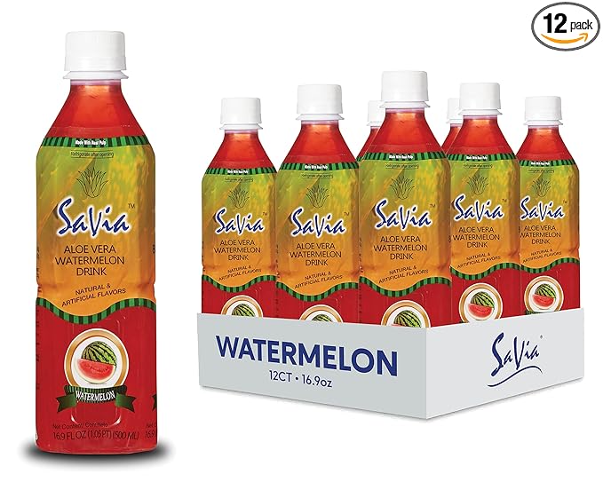 Savia - Watermelon Aloe Vera Drink Quality Aloe-Based Beverage Made with Real Aloe Pulp &amp Natural Delicious &amp Refreshing Vegetarian Gluten-Free Fat-Free (16.9oz 12-Pack)