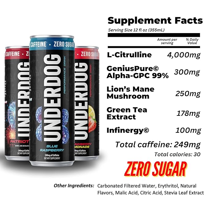 Underdog Performance Energy Drink Variety Nootropics Green Tea Extract Citrulline Clean Sugar Free Fast &amp Slow Release 249mg Caffeine per Serving No Artificial Additives 12 Pack