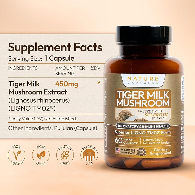 Tiger Milk Mushroom Extract (Lignosus rhinocerus) - Premium LiGNO TM02® - &gt30% Polysaccharides - Lungs &amp Respiratory Support - Cognitive &amp Immune Health - 60 Capsules - Vegan - Zero Additiv