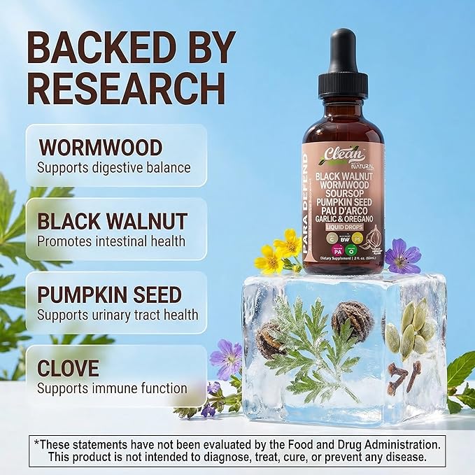 para Defend Wormwood Black Walnut Cleanse for Humans Drops Liquid Soursop Garlic Pumpkin Seed PAU D'Arco Oil of Oregano Turmeric Berberine Neem Extract Hull Bark Tincture by Clean Nutra