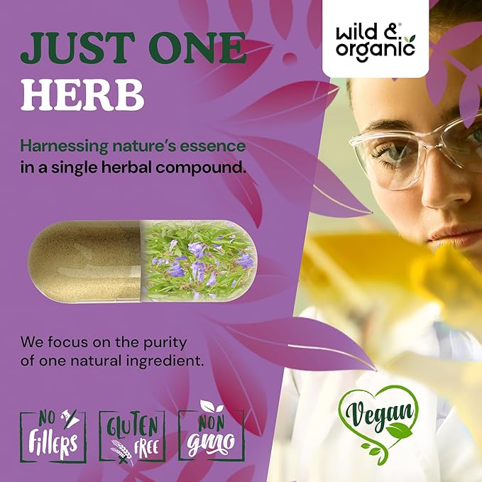 Wild &amp Organic Skullcap Herb Capsules 1200 mg - Calming Skullcap Supplement - 120 Capsules - Scutellaria Lateriflora Leaf Extract - 2-Month Supply - Vegan No Fillers Non-GMO